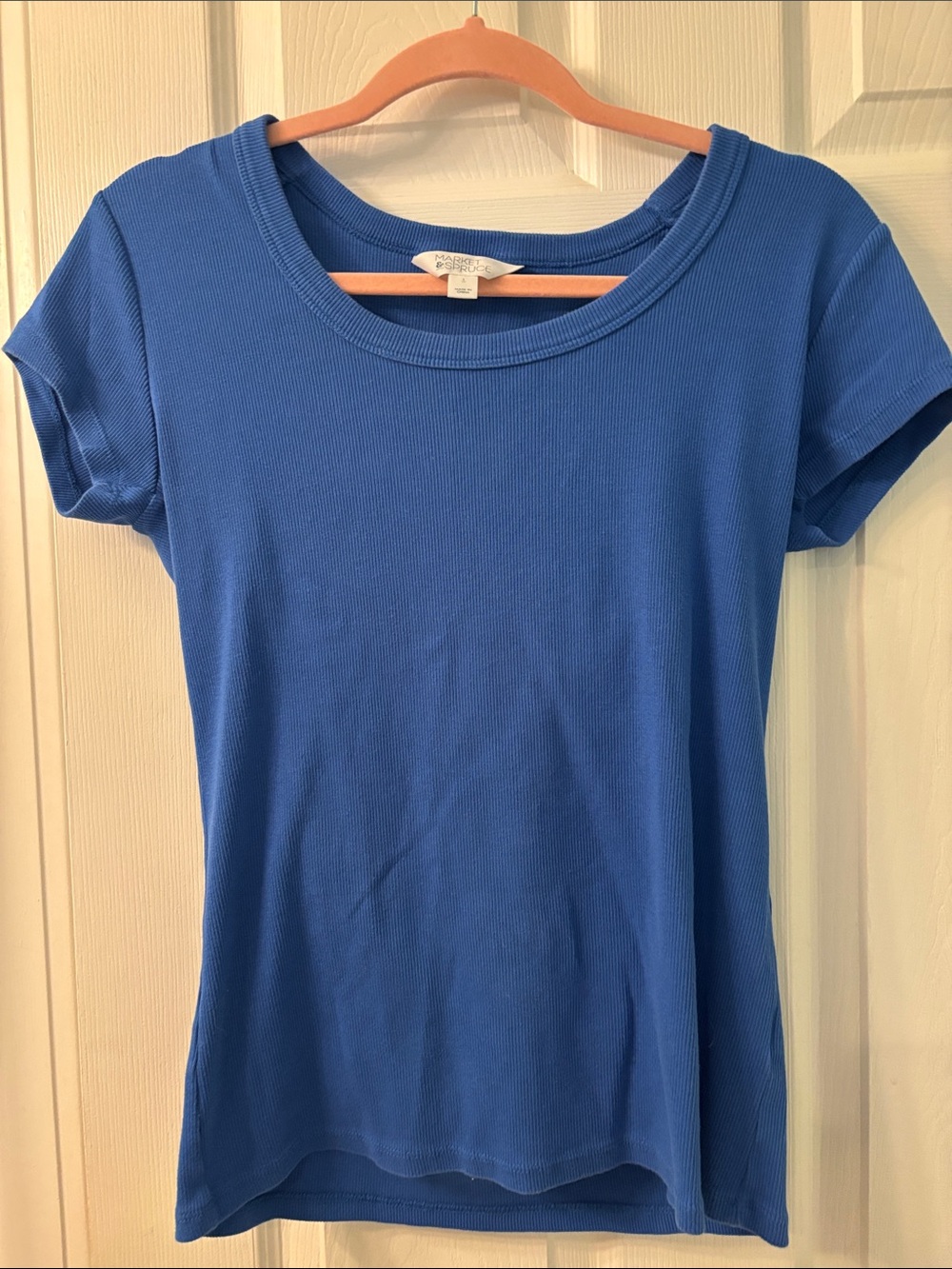 Market & Spruce Short Sleeve Ribbed Tee in Blue Sz L